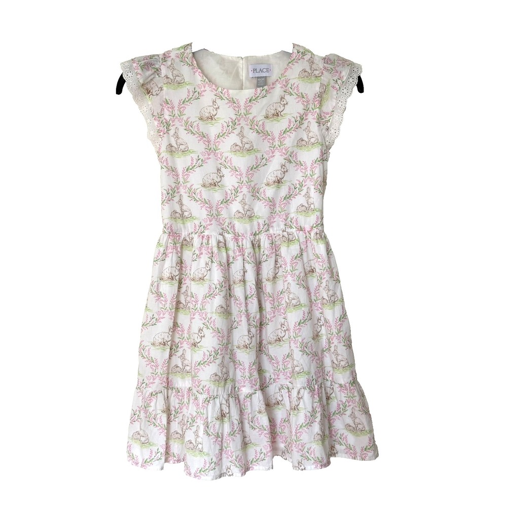 PLACE Girls Bunny Animal Print Fit & Flare Dress White‎ Pink Green Size 10/12